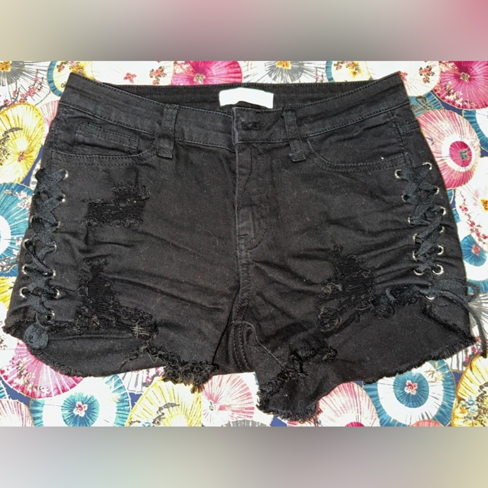 Aphrodite Black Distressed Lace Up Cut off Jean Denim Shorts Size Small